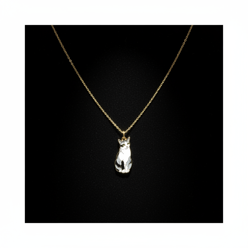 NFC enamel cat necklace on black velvet - personalized memory jewelry with gold border cat pendant