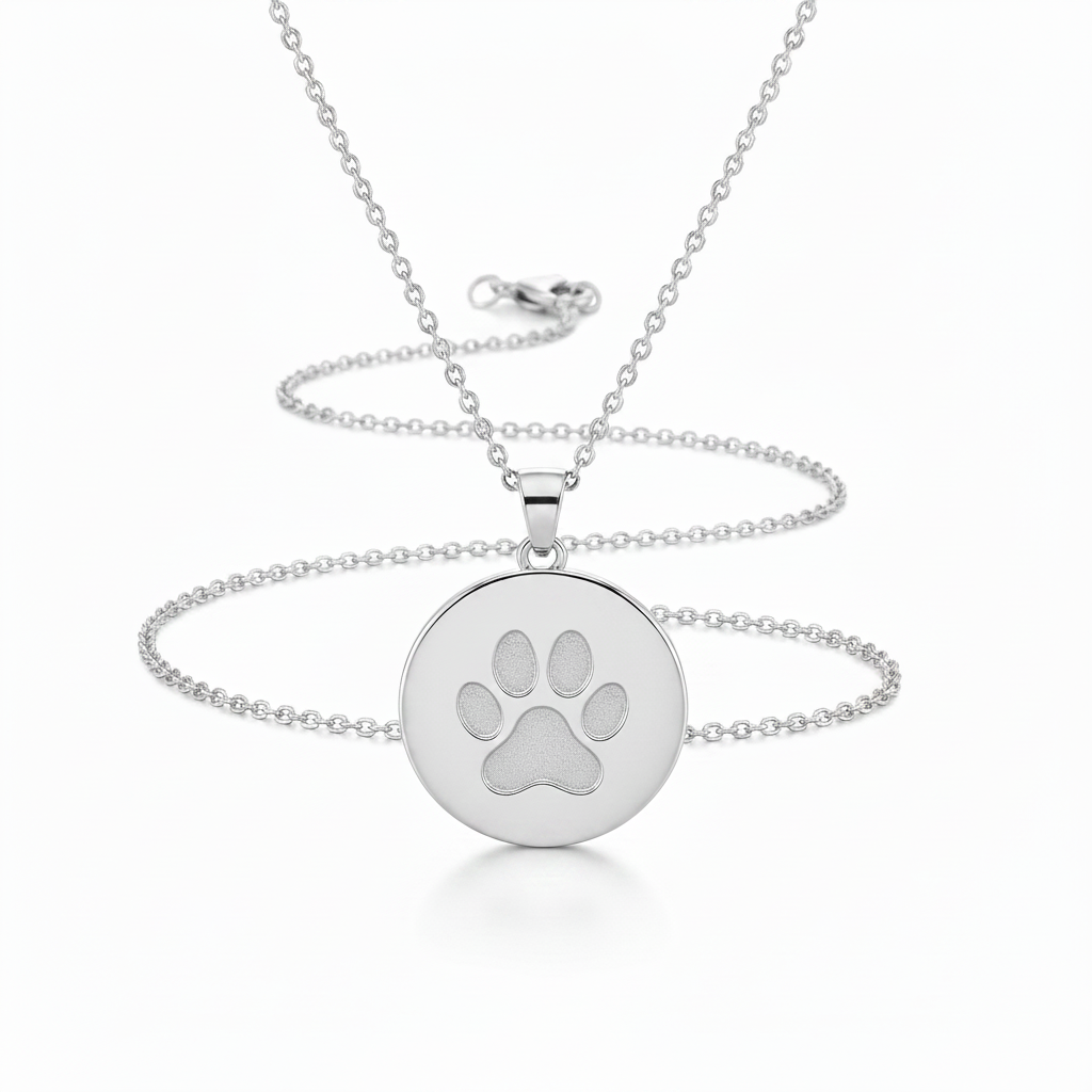 925 sterling silver paw print necklace white background