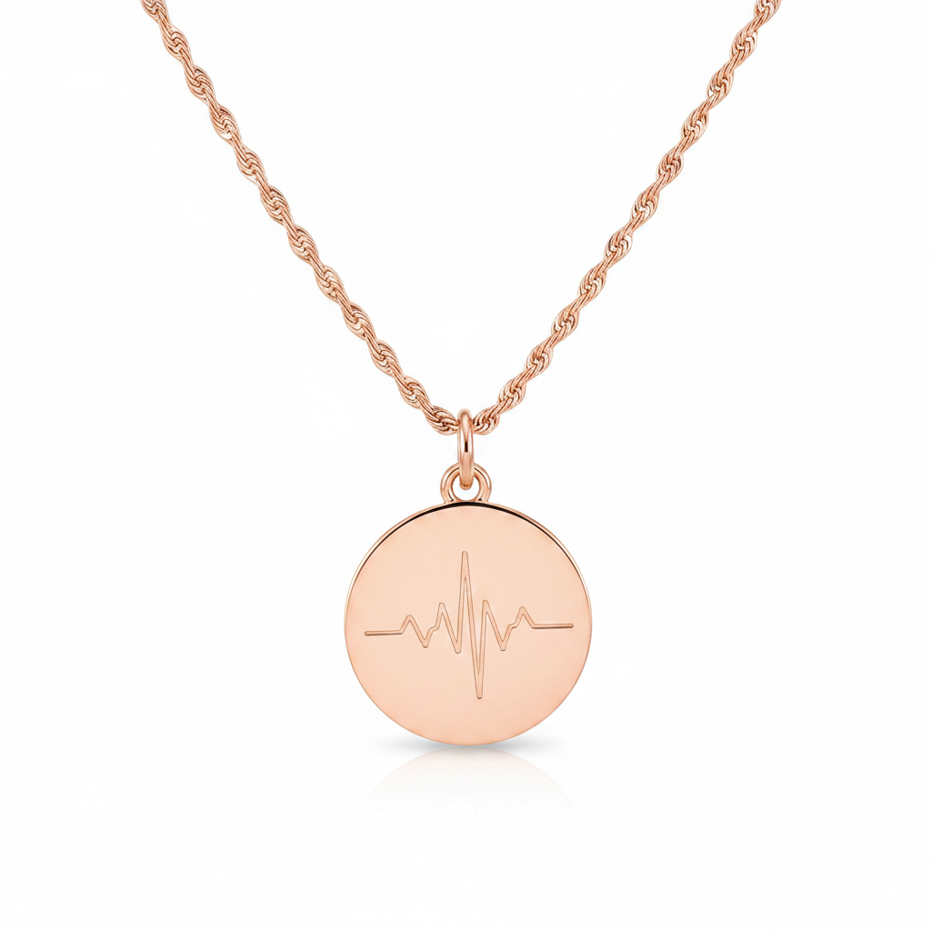 14k Rose Gold soundwave coin necklace white background
