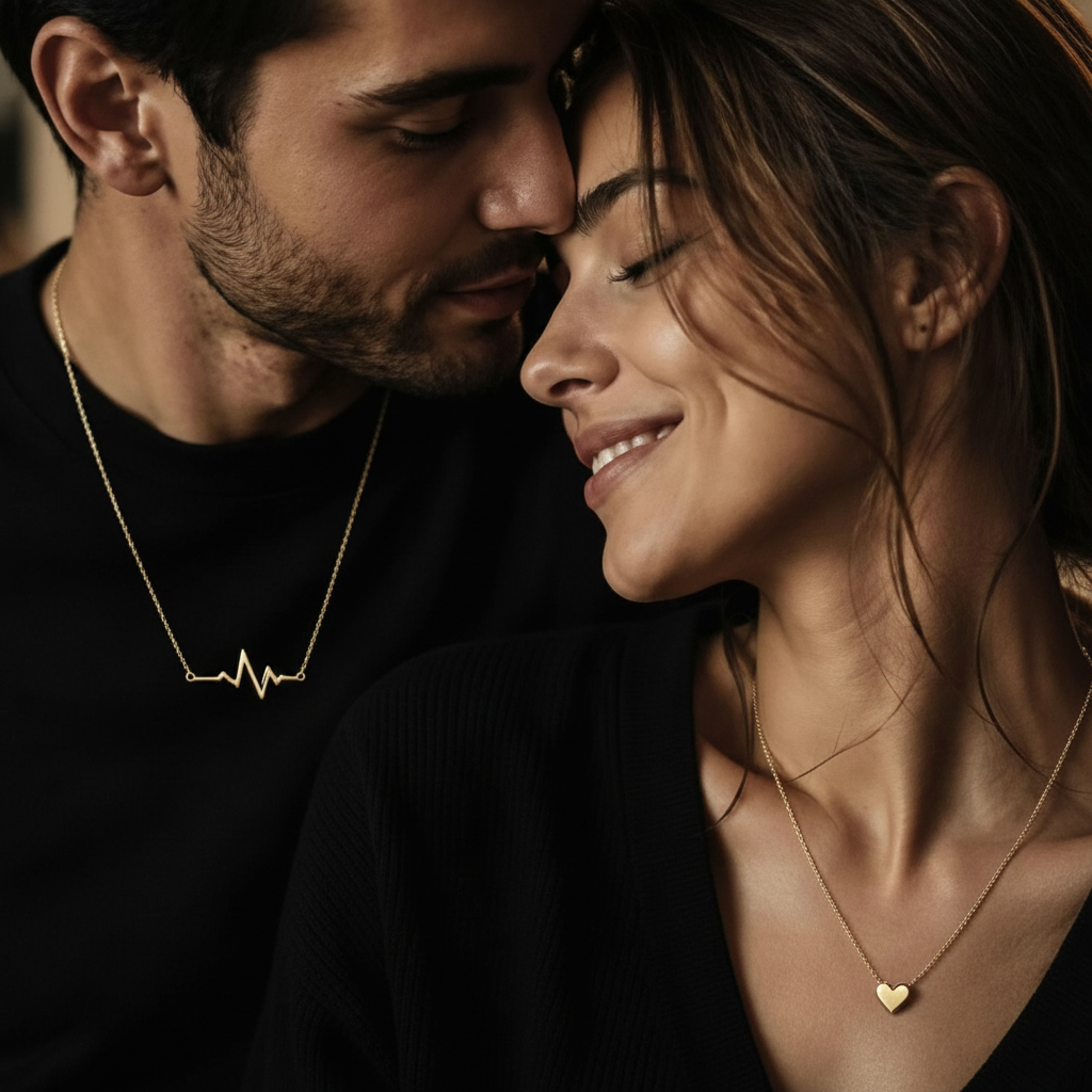 MSCECO couple wearing matching gold EKG heartbeat and heart pendant necklaces - romantic love jewelry gift for couples