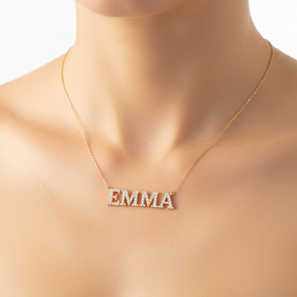 EMMA Classic Serif Diamond Pavé Necklace - Neck Shot