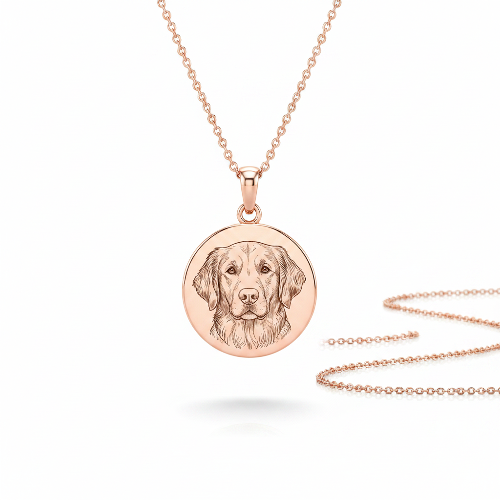 Rose gold pet portrait necklace white background