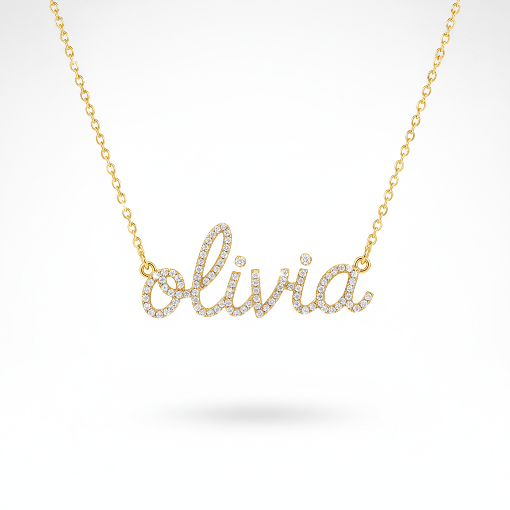 Diamond Pavé Name Necklace – Custom 14K Gold Fine Jewelry